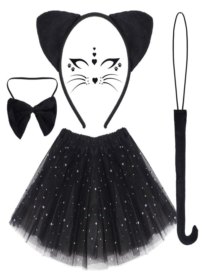 Dxhycc Black Cat Costume Cat Ears Headband Tail Bowtie Tutu and Face Stickers for Halloween Dress Up Party (Black, 11.8) - Image 1